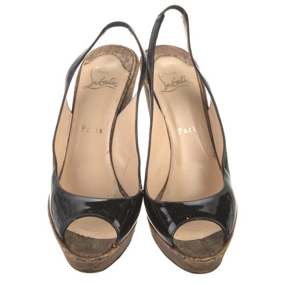 Authentic Christian Louboutin Black Patent Leather Cork Wedge Heel IT38 US 7.5-8 - Picture 2 of 5